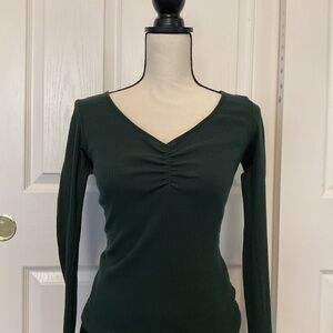Dark Green V-Neck Long Sleeve Top